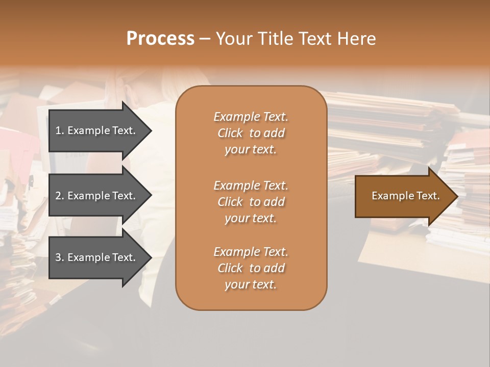 Businesswoman In Cubicle With Laptop And Stacks Of Files PowerPoint Template