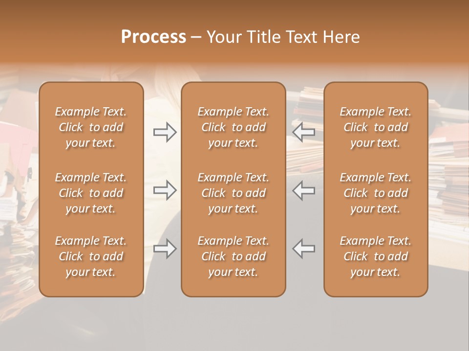 Businesswoman In Cubicle With Laptop And Stacks Of Files PowerPoint Template