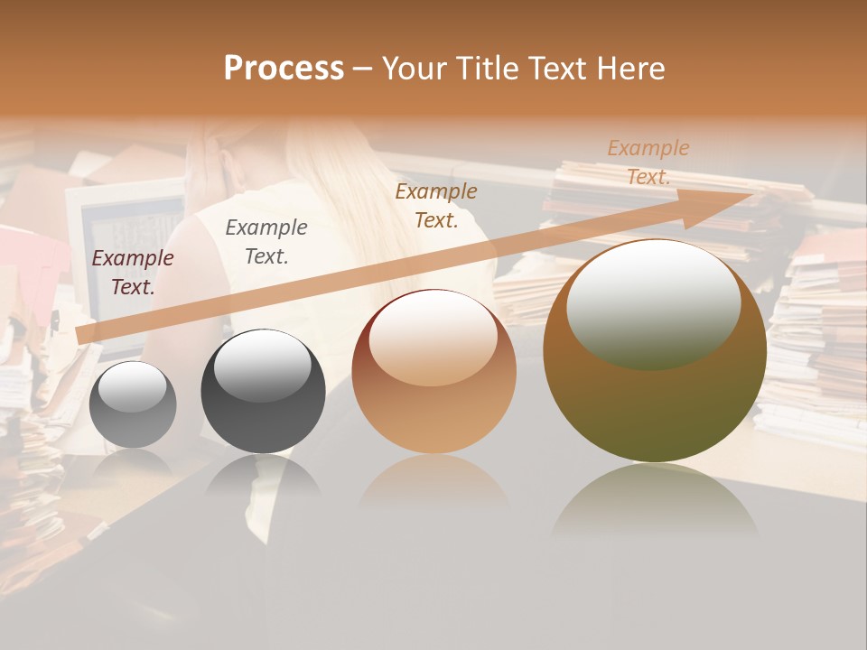 Businesswoman In Cubicle With Laptop And Stacks Of Files PowerPoint Template