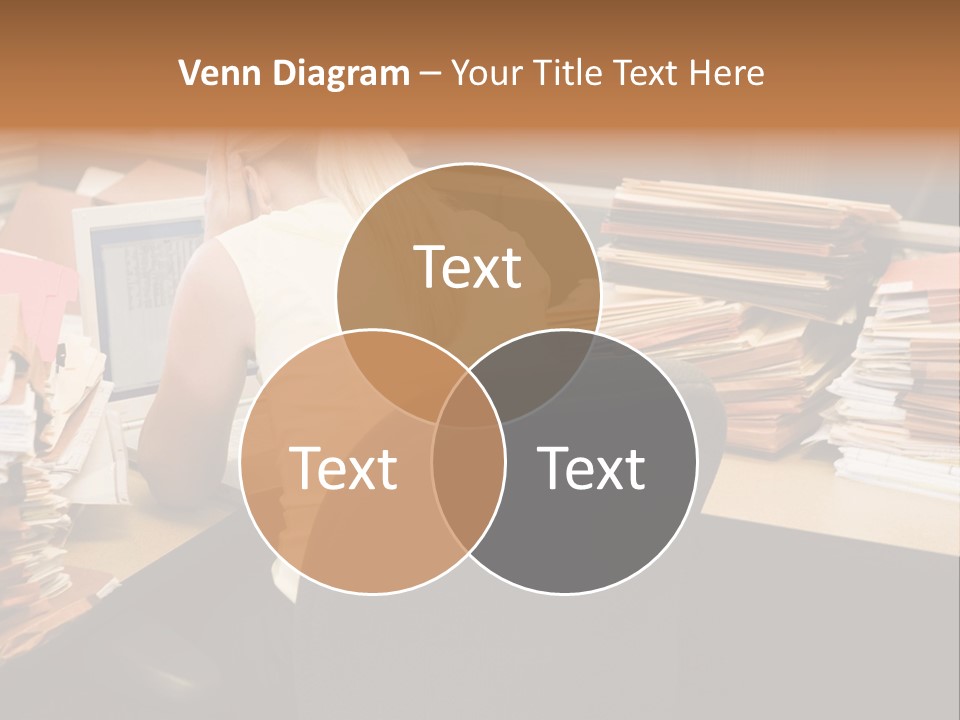 Businesswoman In Cubicle With Laptop And Stacks Of Files PowerPoint Template