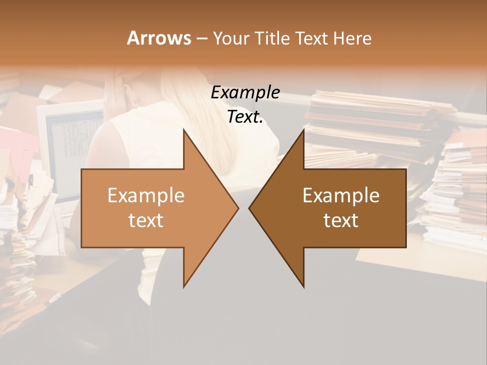 Businesswoman In Cubicle With Laptop And Stacks Of Files PowerPoint Template