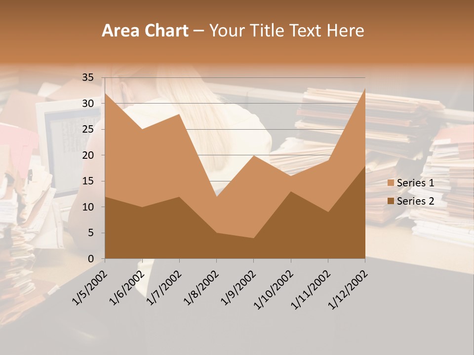Businesswoman In Cubicle With Laptop And Stacks Of Files PowerPoint Template
