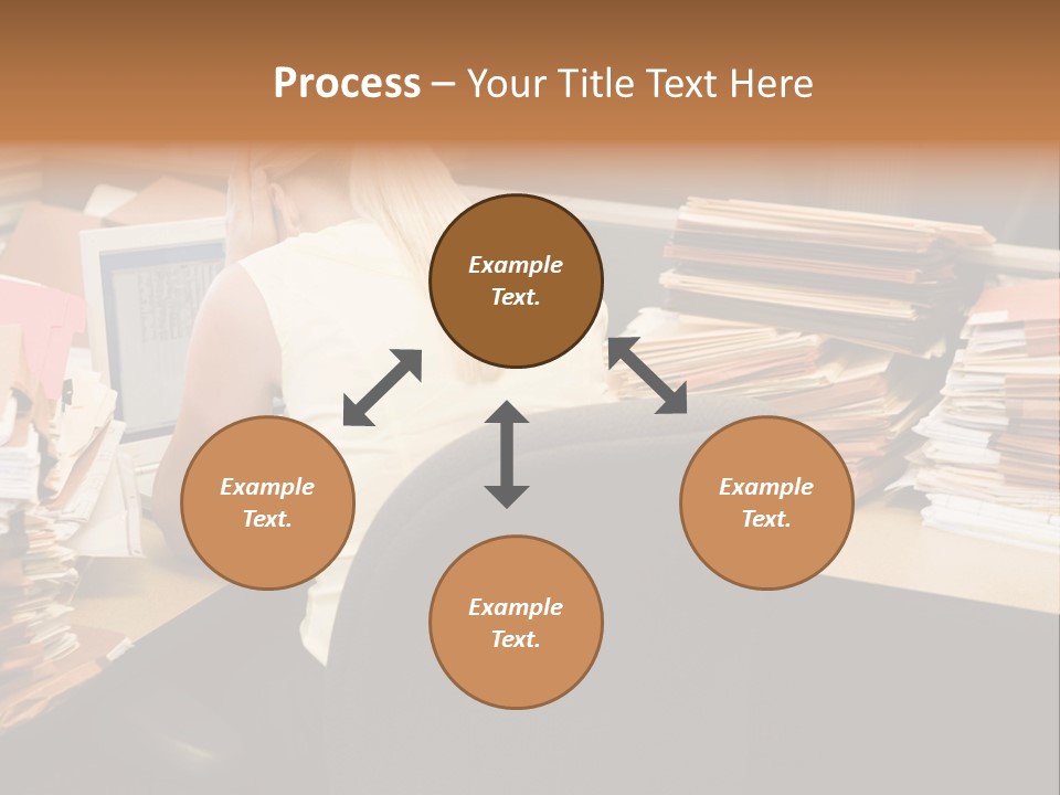 Businesswoman In Cubicle With Laptop And Stacks Of Files PowerPoint Template