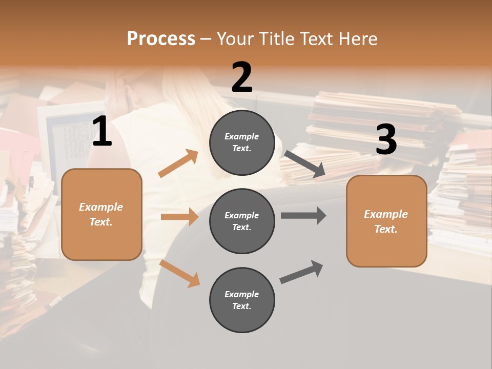 Businesswoman In Cubicle With Laptop And Stacks Of Files PowerPoint Template