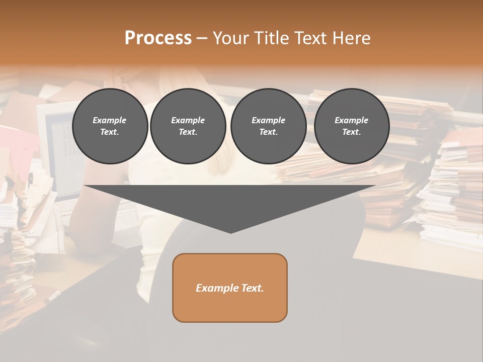 Businesswoman In Cubicle With Laptop And Stacks Of Files PowerPoint Template