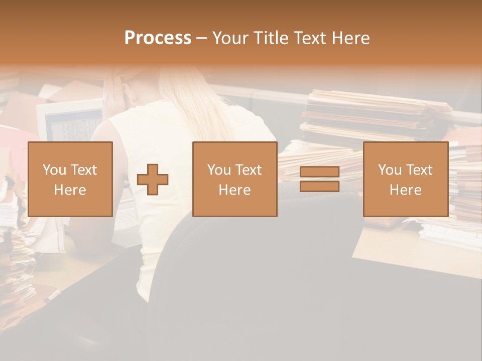 Businesswoman In Cubicle With Laptop And Stacks Of Files PowerPoint Template