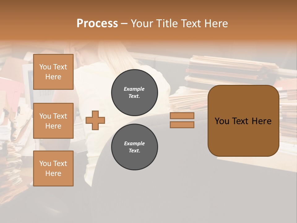 Businesswoman In Cubicle With Laptop And Stacks Of Files PowerPoint Template