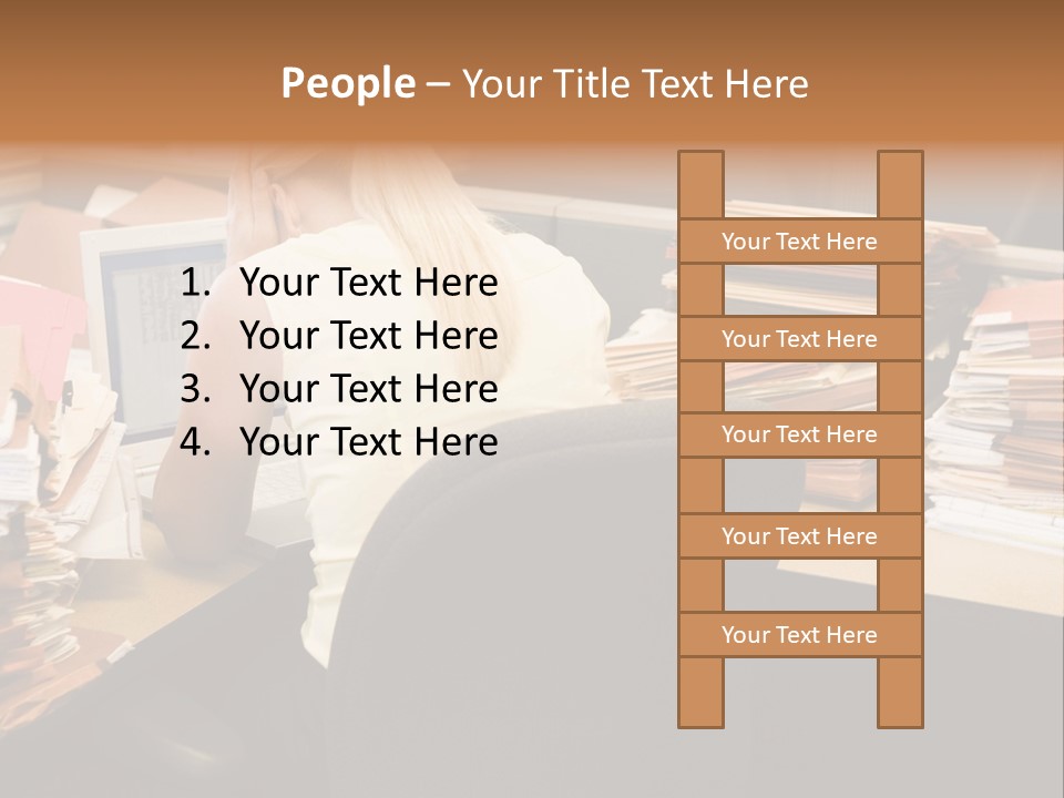 Businesswoman In Cubicle With Laptop And Stacks Of Files PowerPoint Template