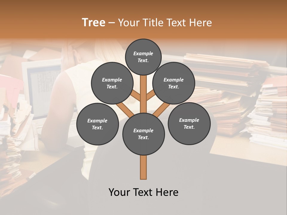 Businesswoman In Cubicle With Laptop And Stacks Of Files PowerPoint Template