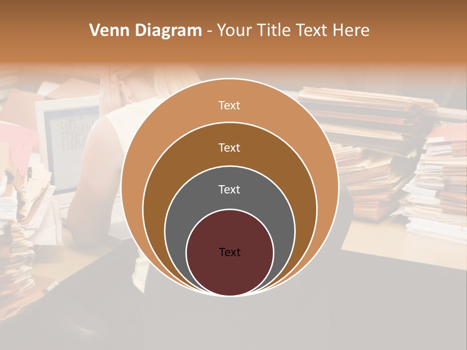 Businesswoman In Cubicle With Laptop And Stacks Of Files PowerPoint Template