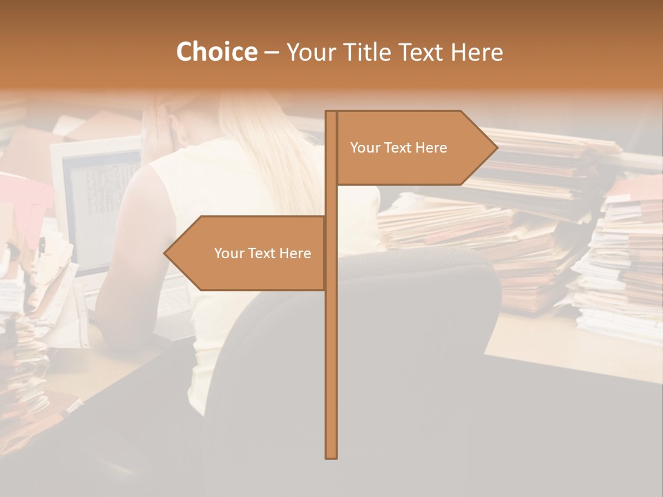 Businesswoman In Cubicle With Laptop And Stacks Of Files PowerPoint Template