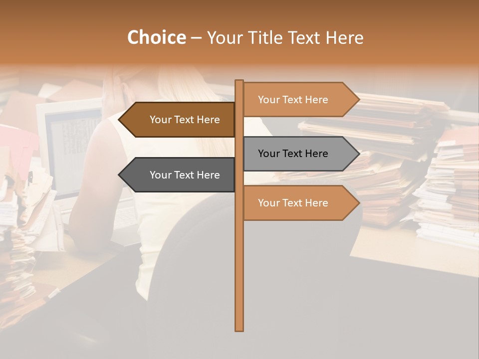 Businesswoman In Cubicle With Laptop And Stacks Of Files PowerPoint Template