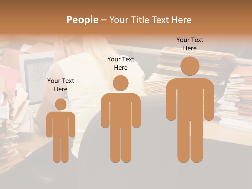 Businesswoman In Cubicle With Laptop And Stacks Of Files PowerPoint Template