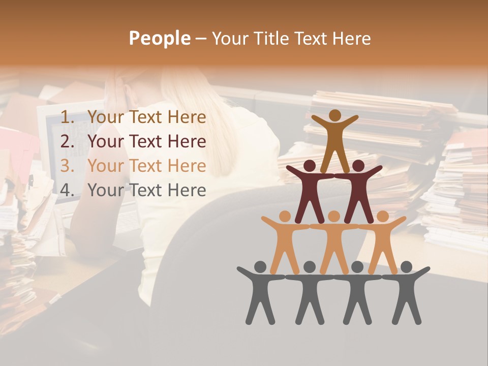 Businesswoman In Cubicle With Laptop And Stacks Of Files PowerPoint Template