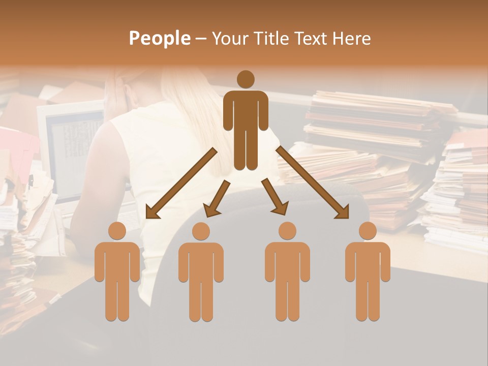 Businesswoman In Cubicle With Laptop And Stacks Of Files PowerPoint Template