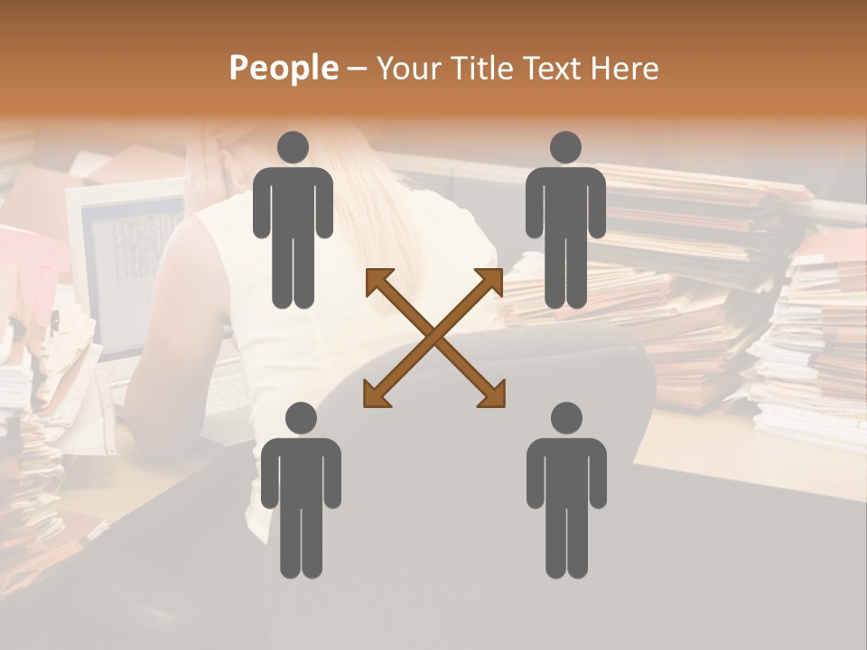 Businesswoman In Cubicle With Laptop And Stacks Of Files PowerPoint Template