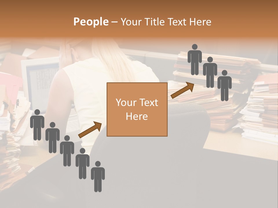 Businesswoman In Cubicle With Laptop And Stacks Of Files PowerPoint Template