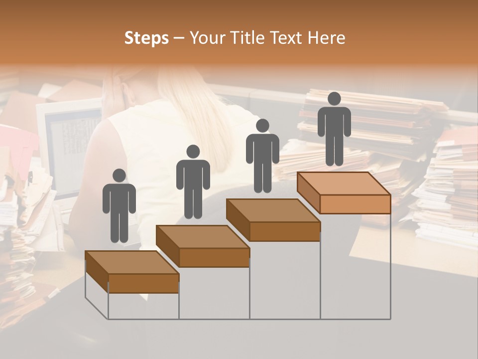 Businesswoman In Cubicle With Laptop And Stacks Of Files PowerPoint Template