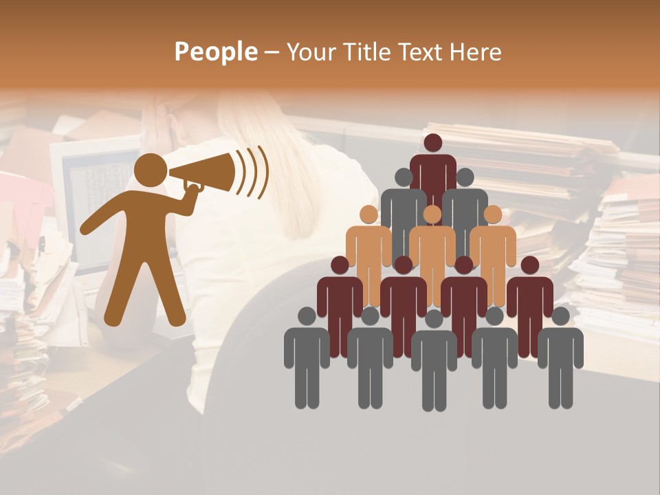 Businesswoman In Cubicle With Laptop And Stacks Of Files PowerPoint Template