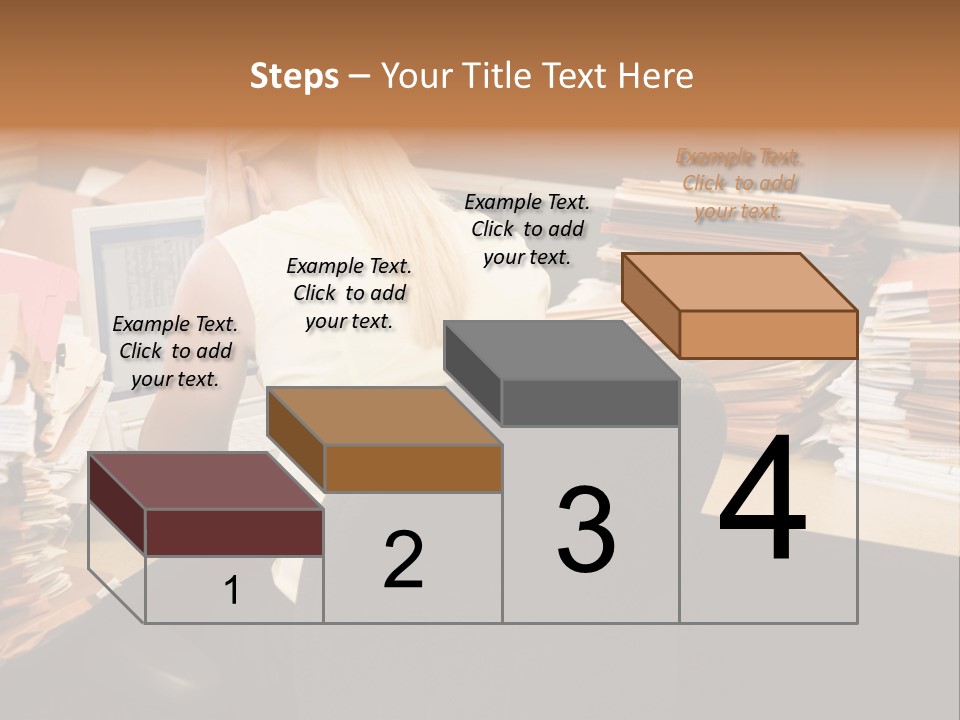 Businesswoman In Cubicle With Laptop And Stacks Of Files PowerPoint Template