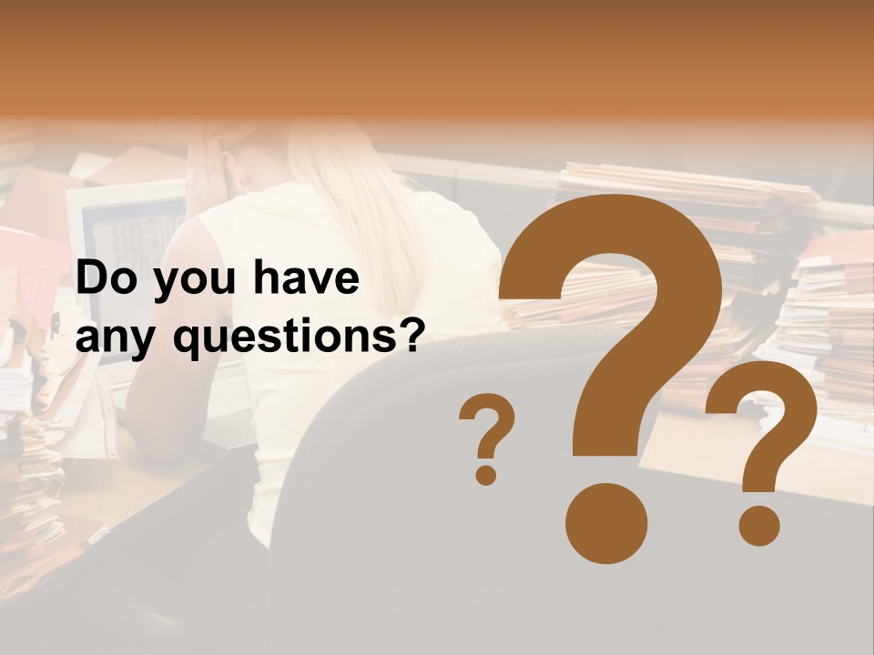 Businesswoman In Cubicle With Laptop And Stacks Of Files PowerPoint Template