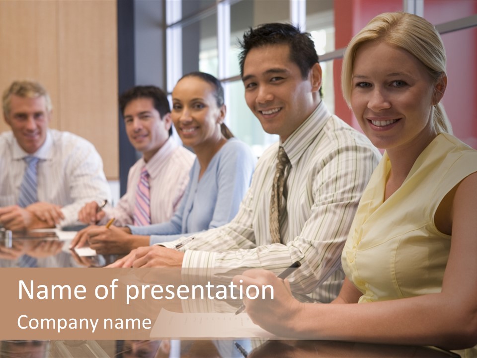 Five Businesspeople In Boardroom Smiling PowerPoint Template