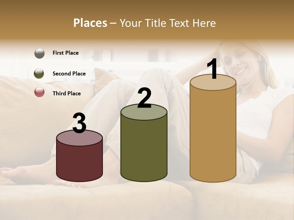 Woman In Living Room Listening To Mp3 Player Smiling PowerPoint Template