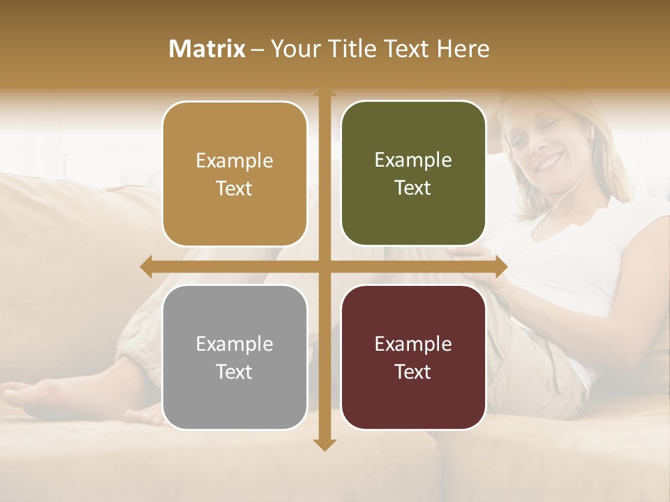 Woman In Living Room Listening To Mp3 Player Smiling PowerPoint Template