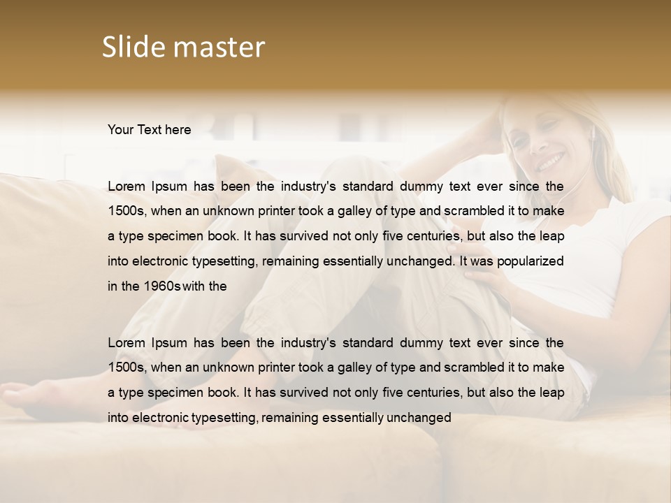 Woman In Living Room Listening To Mp3 Player Smiling PowerPoint Template