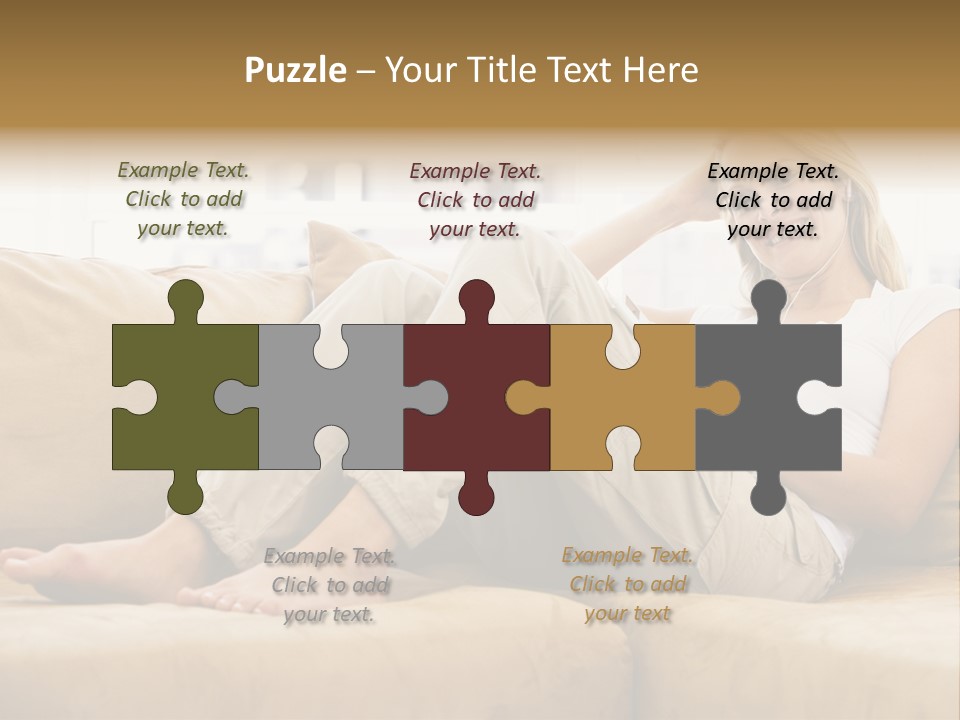 Woman In Living Room Listening To Mp3 Player Smiling PowerPoint Template