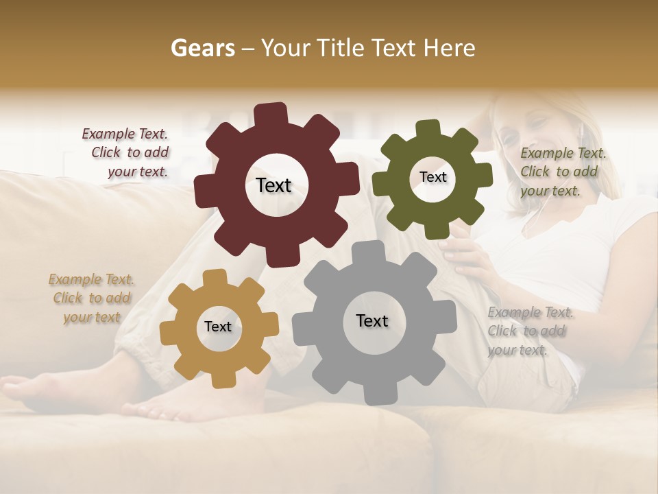 Woman In Living Room Listening To Mp3 Player Smiling PowerPoint Template