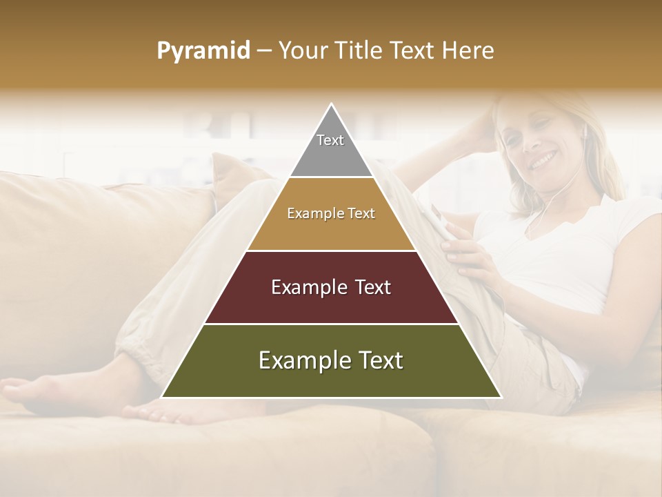 Woman In Living Room Listening To Mp3 Player Smiling PowerPoint Template