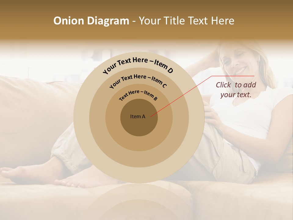 Woman In Living Room Listening To Mp3 Player Smiling PowerPoint Template