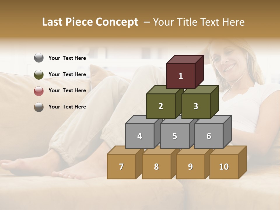 Woman In Living Room Listening To Mp3 Player Smiling PowerPoint Template