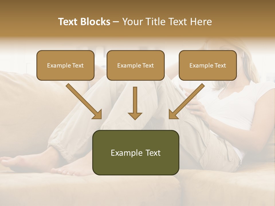 Woman In Living Room Listening To Mp3 Player Smiling PowerPoint Template