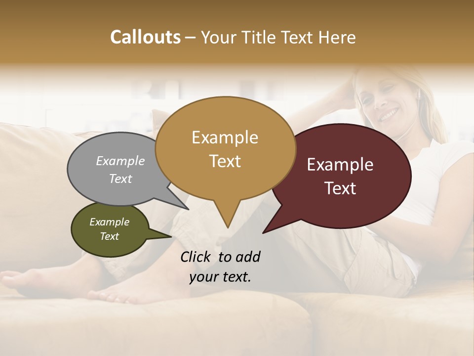 Woman In Living Room Listening To Mp3 Player Smiling PowerPoint Template