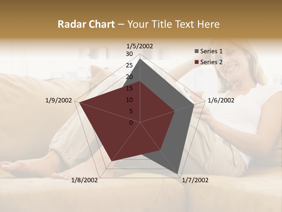 Woman In Living Room Listening To Mp3 Player Smiling PowerPoint Template