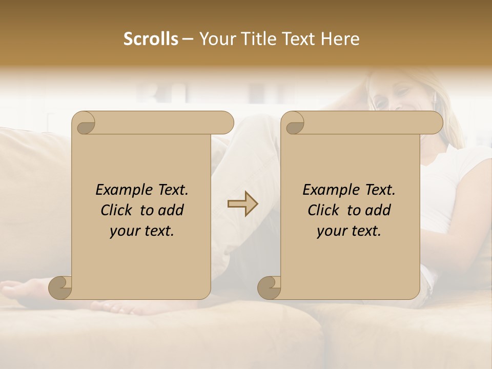 Woman In Living Room Listening To Mp3 Player Smiling PowerPoint Template