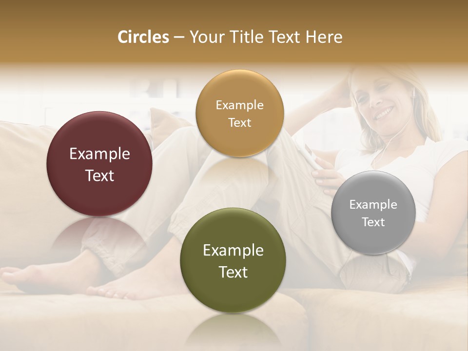 Woman In Living Room Listening To Mp3 Player Smiling PowerPoint Template