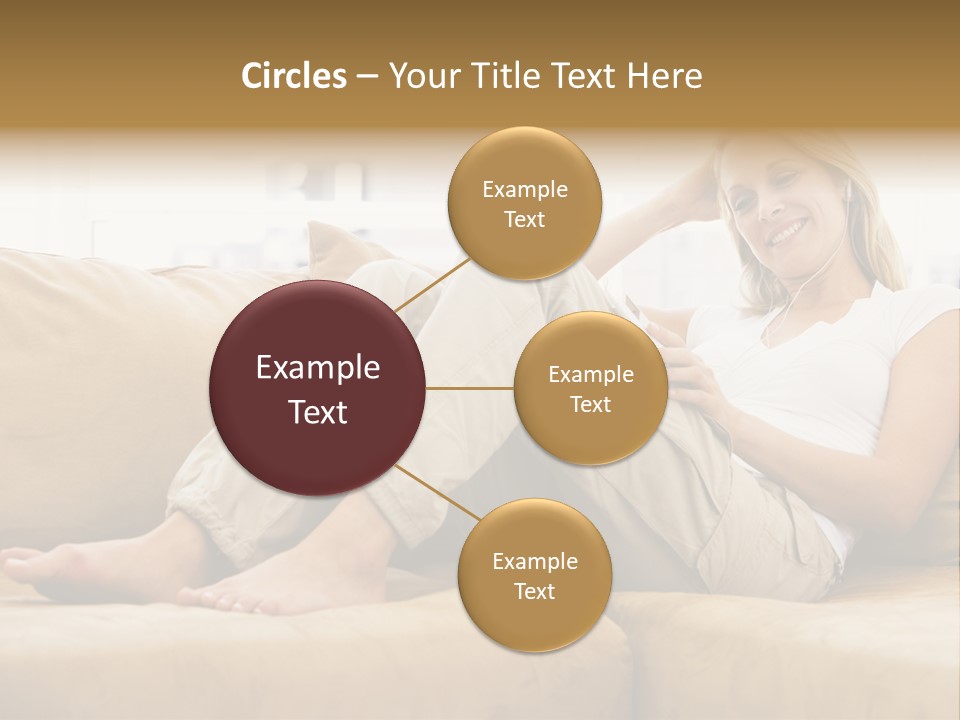 Woman In Living Room Listening To Mp3 Player Smiling PowerPoint Template