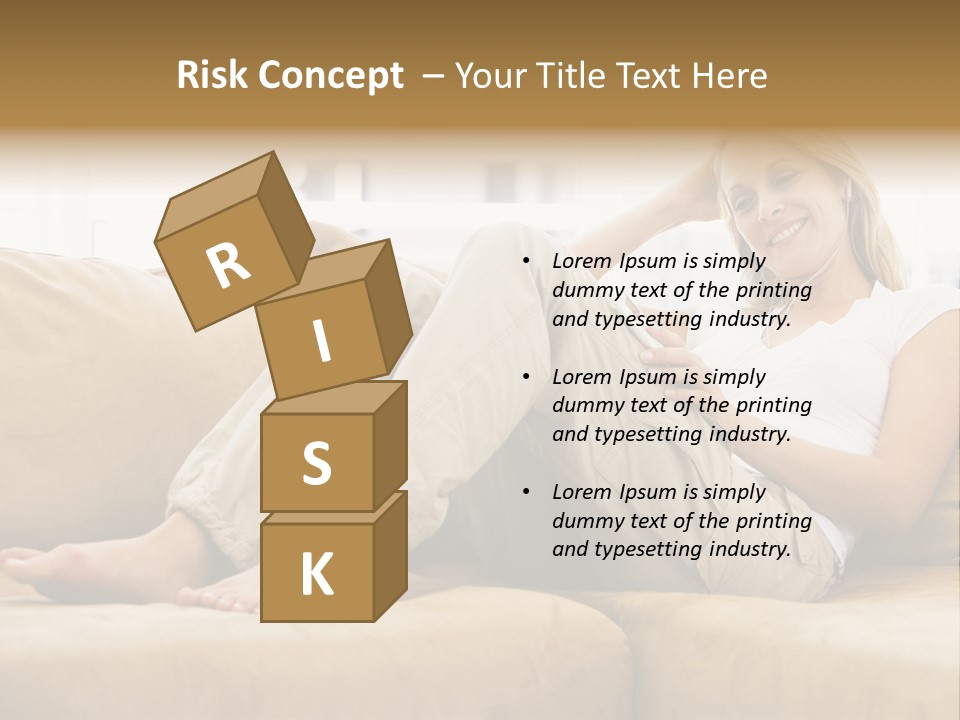 Woman In Living Room Listening To Mp3 Player Smiling PowerPoint Template