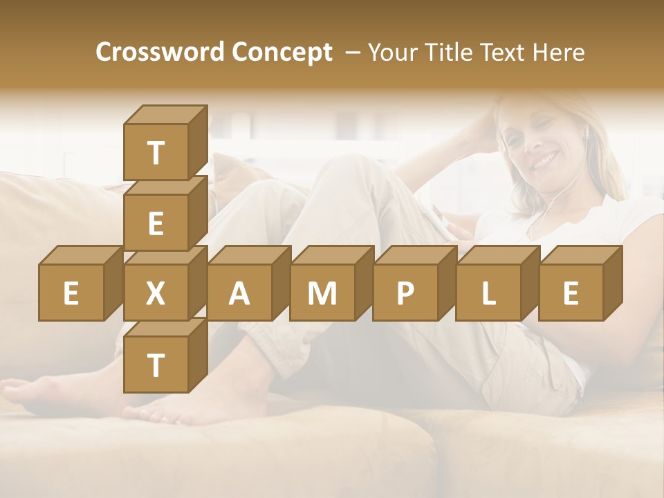 Woman In Living Room Listening To Mp3 Player Smiling PowerPoint Template