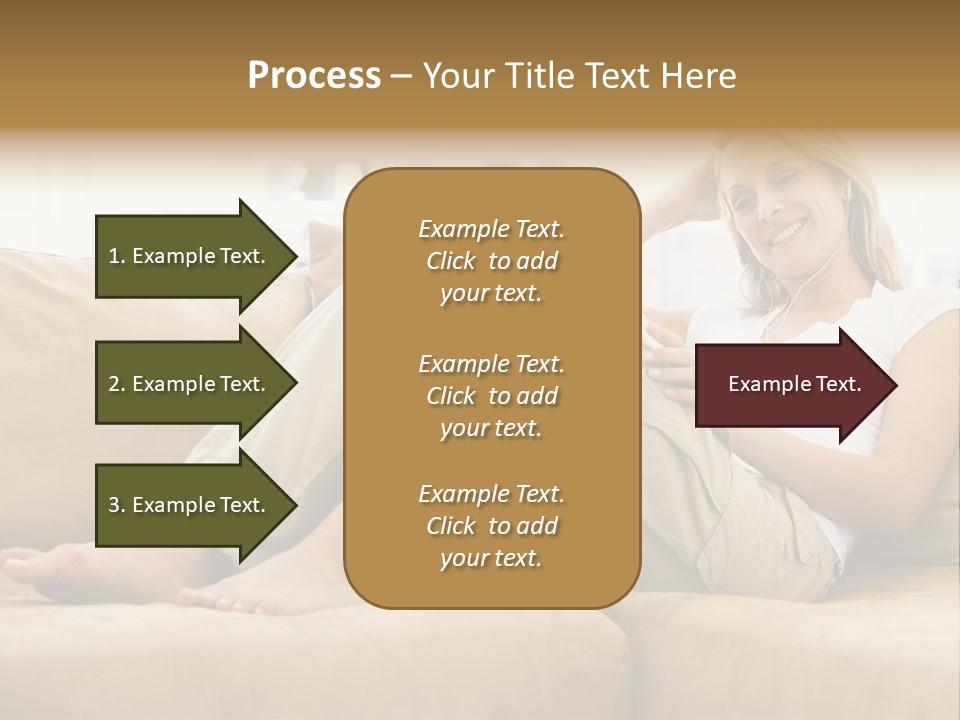 Woman In Living Room Listening To Mp3 Player Smiling PowerPoint Template