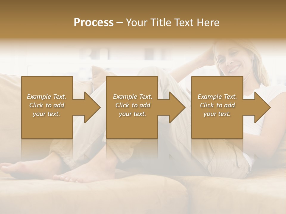 Woman In Living Room Listening To Mp3 Player Smiling PowerPoint Template