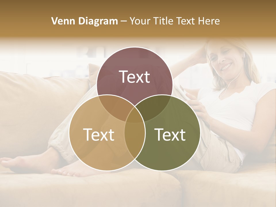 Woman In Living Room Listening To Mp3 Player Smiling PowerPoint Template