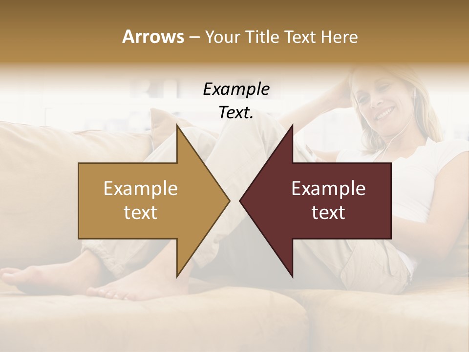 Woman In Living Room Listening To Mp3 Player Smiling PowerPoint Template