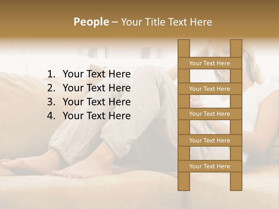 Woman In Living Room Listening To Mp3 Player Smiling PowerPoint Template