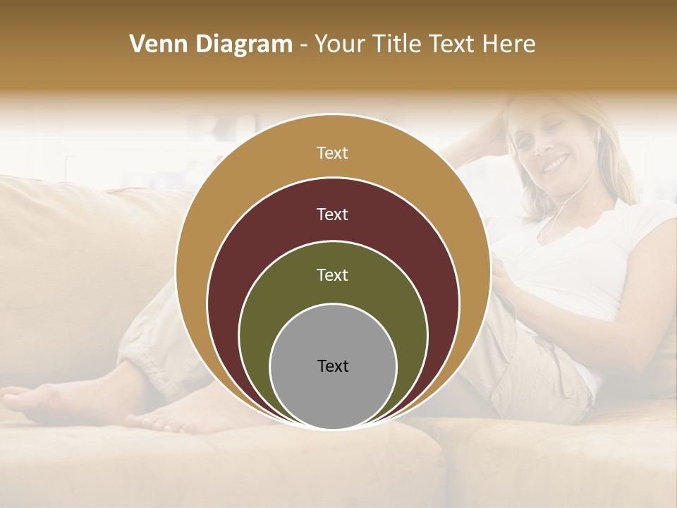 Woman In Living Room Listening To Mp3 Player Smiling PowerPoint Template