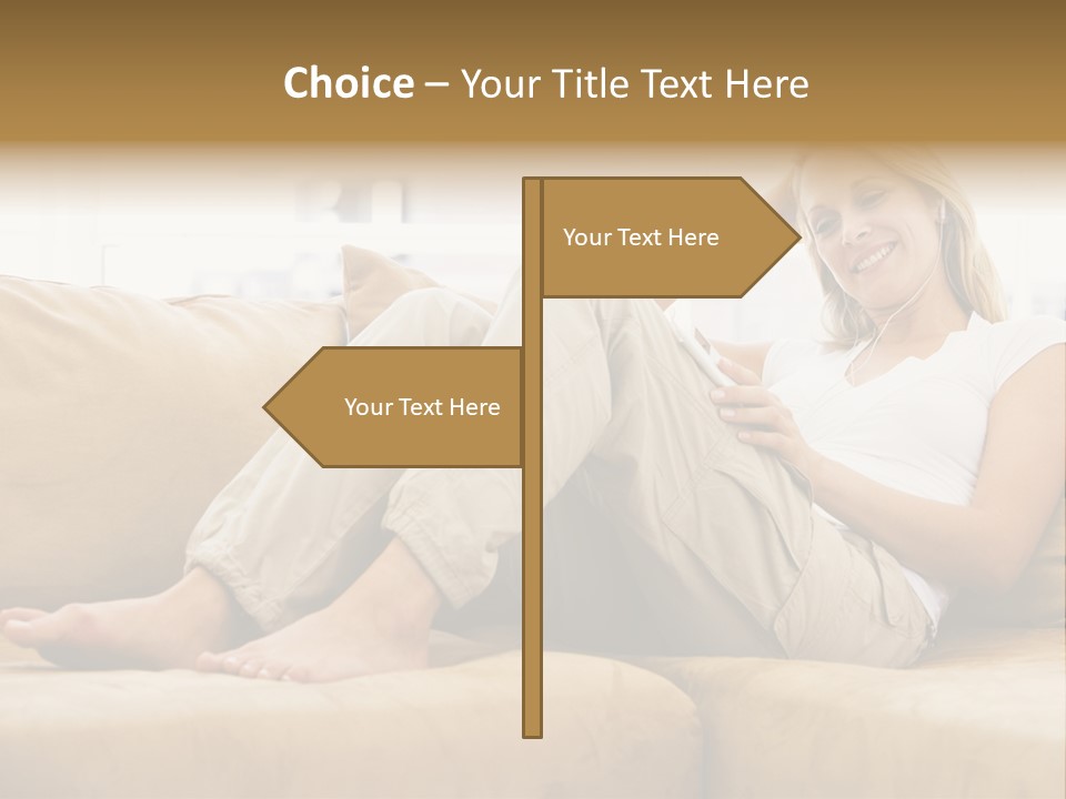Woman In Living Room Listening To Mp3 Player Smiling PowerPoint Template
