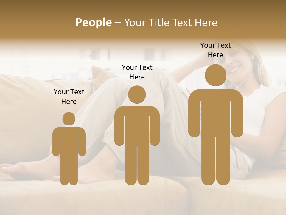 Woman In Living Room Listening To Mp3 Player Smiling PowerPoint Template